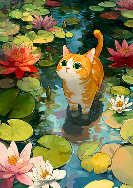 Cat in Lily Pond Illustration