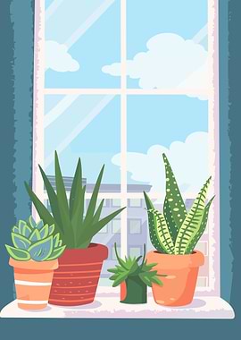 Potted Plants on Windowsill Illustration