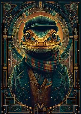 Dapper Lizard Portrait with Art Deco Frame