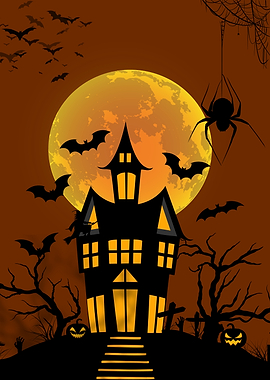 Halloween Haunted House with Full Moon