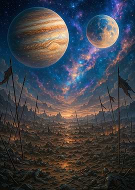 Post-Battle Fantasy Landscape with Planets
