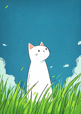 White Cat in Green Grass