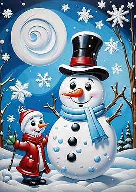 Snowman and Child in Winter Scene
