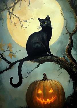 Black Cat and Pumpkin Halloween Night