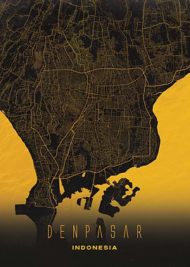 Denpasar, Indonesia City Map Artwork - Modern Minimalist Street Map of Denpasar's Iconic Urban Landscape