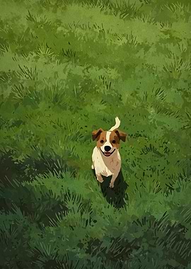 Happy Dog in Green Grass Field