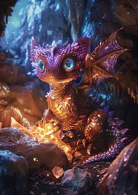 Cute Dragon with Crystals in Cave