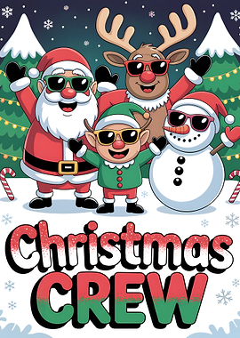 Christmas Crew Cartoon with Santa and Friends