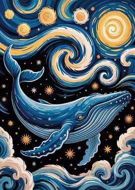 Whale in Starry Night Sky Art
