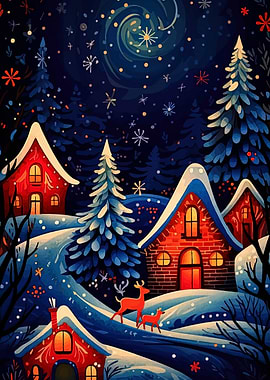 Winter Village Night Scene