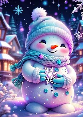Cute Snowman with Snowflake in Winter