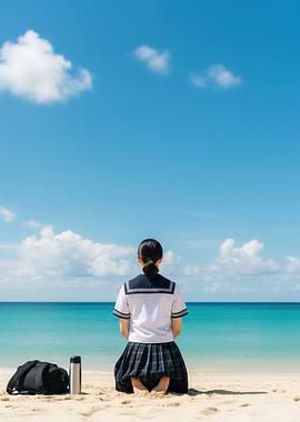 Japanese Student Girl in Seifuku on Beach Facing Turquoise Ocean