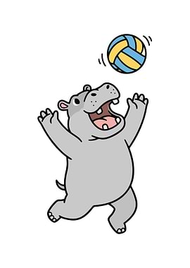 Cartoon Hippo Playing Volleyball