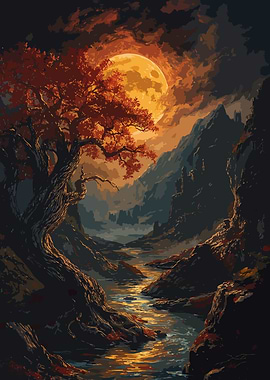 Digital Painting of Landscape with Moonlit River