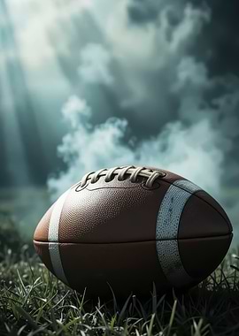 American Football on Grass with Cloudy Sky