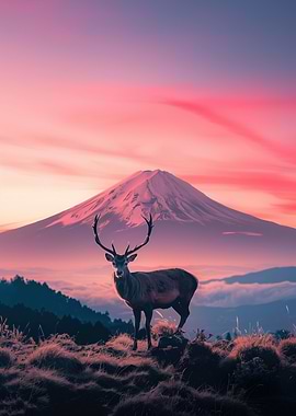 Deer and Mountain Landscape at Sunset