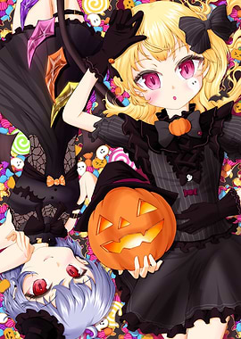 Anime Halloween Girls with Pumpkin