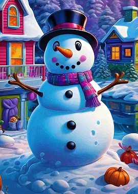 Cheerful Snowman in Winter Village Scene