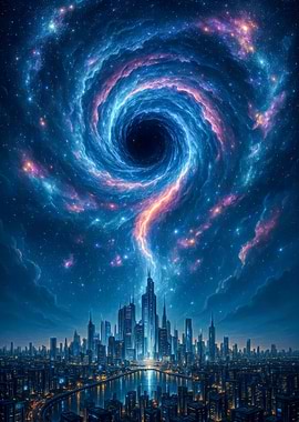 Cosmic Vortex Over Futuristic Cityscape