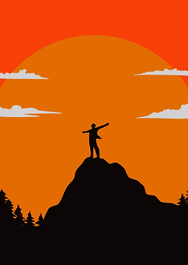 Silhouette on Mountain Peak at Sunset