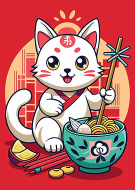 Cartoon Cat with Noodles Illustration