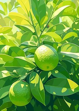 Green Citrus Fruit and Leaves