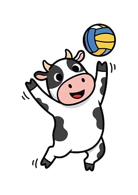 Cartoon Cow Playing Volleyball