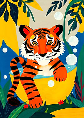 Tiger in a Tub Illustration Funny Bathroom