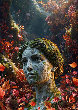 Virgo statue in autumn forest