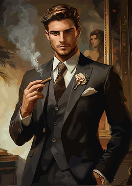 Elegant man in suit smoking cigar