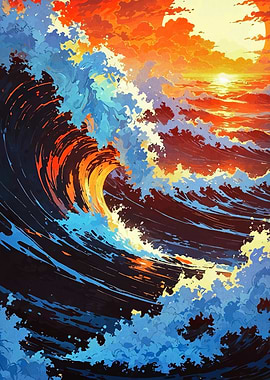 Ocean Wave at Sunset Painting