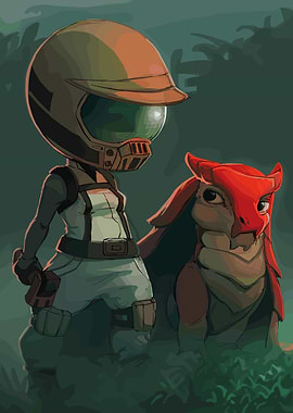 Astronaut and Red Creature in Forest