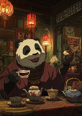 Panda enjoying tea in a tea house
