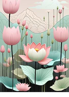 Pastel Lotus Flower Garden Illustration