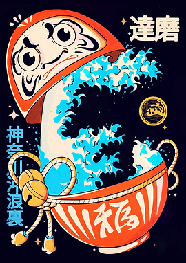 Daruma Doll with Wave Art