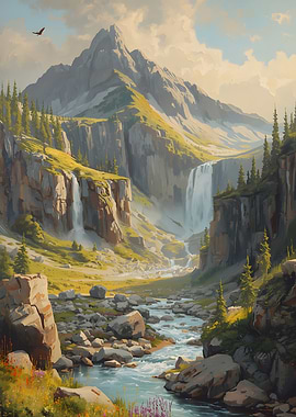Waterfall Valley – Majestic Mountain Landscape Art