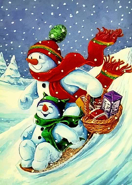 Snowmen Sledding Winter Scene