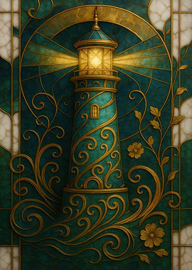 Ornate Lighthouse Stained Glass Illustration