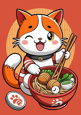Cute Cat Eating Ramen Illustration