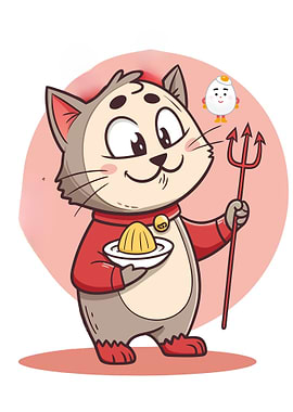 Cartoon Cat Devil with Egg Friend