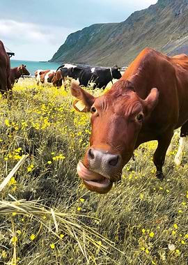 Cow Licking Nose in Field