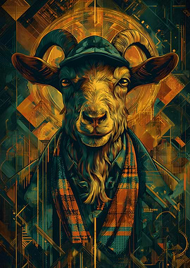Stylish Goat Portrait with Geometric Background