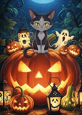 Halloween Cat on Pumpkin