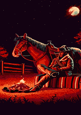 Cowboy with Horse by Campfire Pixel Art