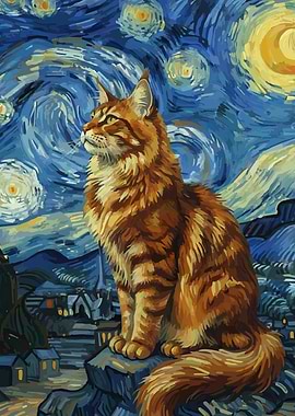 Cat in Starry Night Style Painting