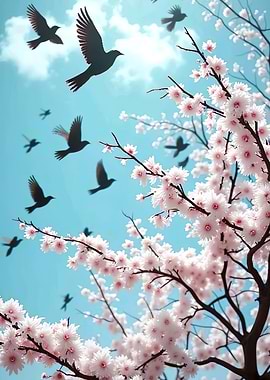 Cherry Blossoms and Birds in Flight
