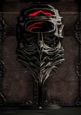 Ornate Dark Helmet with Red Lights