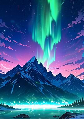 Aurora Borealis over Mountain Landscape