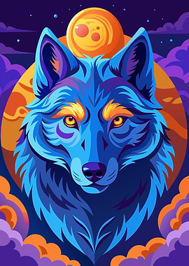 Blue Wolf with Moon Digital Art