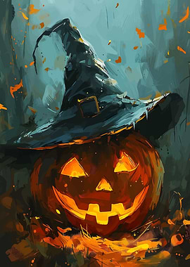Halloween Pumpkin with Witch Hat Painting